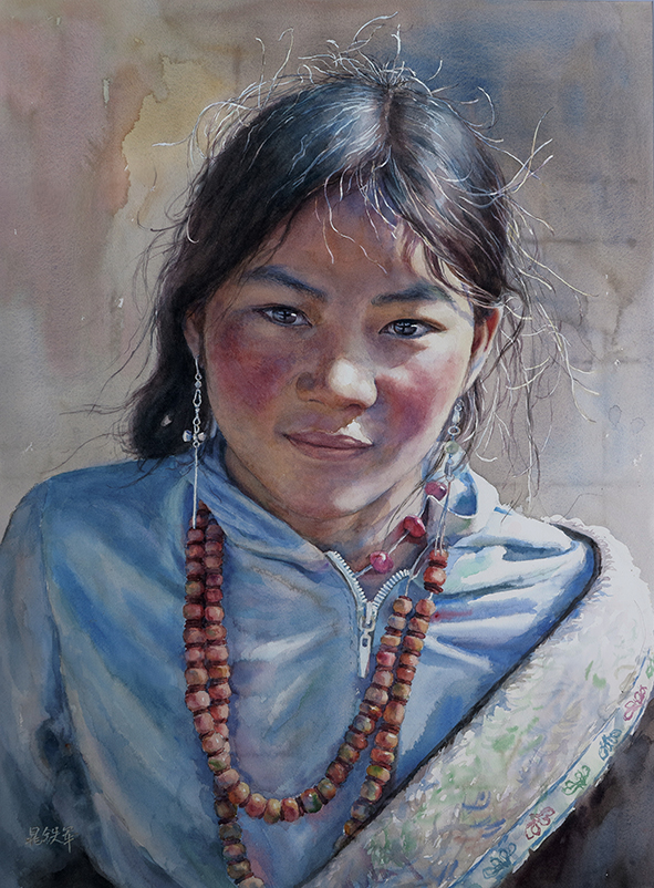 8. 西藏女孩, 2016, 纸面水彩, 75 x 55 cm (2017 葡萄牙国际水彩画协会IWS艺术节) (Demo)