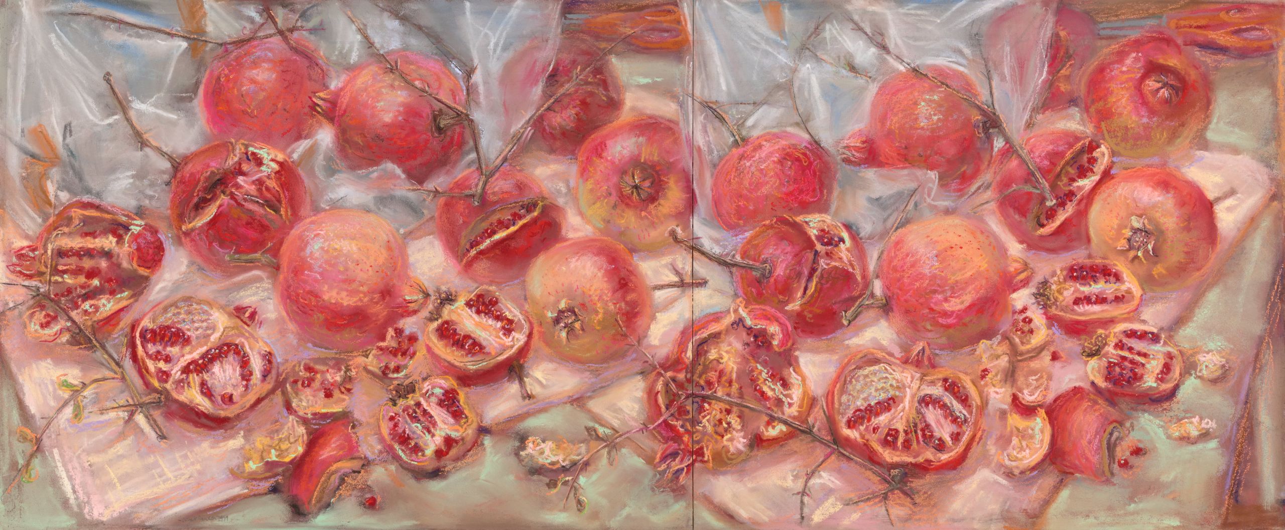 Janet Dawson 'Scribble Rock pomegranates' 1999, diptych: pastel on two sheets of primed paper on board, 33.5 x 80.4 cm, Art Gallery of New South Wales, purchased with funds provided by the Arthur Boyd Acquisition Fund 1999 © Janet Dawson

***These images may only be used in conjunction with editorial coverage of the 'Janet Dawson: Faraway, So Close' exhibition at the Art Gallery of New South Wales, 19 July 2025  18 January 2026, and strictly in accordance with the Terms of access to these images  see www.artgallery.nsw.gov.au/info/access-to-agnsw-media-room-tcs. Without limiting those Terms, images must not be cropped or overwritten; prior written approval in writing is required for use as a cover; caption details must accompany reproductions of the images; and archiving is not permitted. *** 

Media contact: media@ag.nsw.gov.au